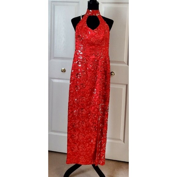 VTG Alyce Designs Formal Red Sequin Gown Sz 0 Choker Halter Slit Maxi Dress EUC - Picture 1 of 6